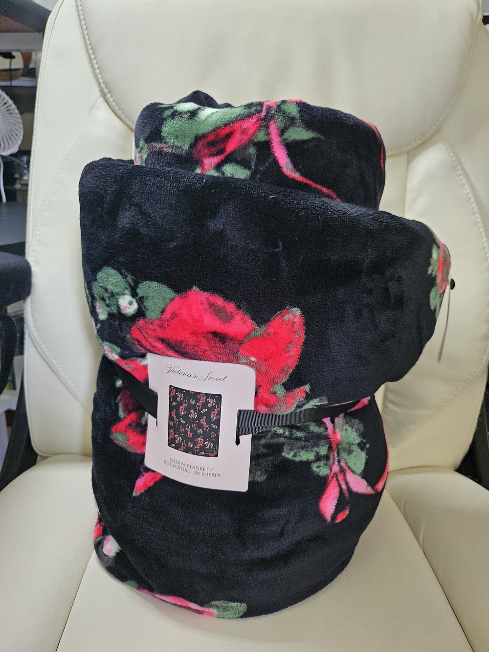 Victoria's Secret Black Plush Throw with Red & Green Floral Print